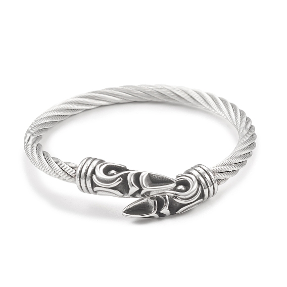 304 Stainless Steel Twist Rope Wrap Open Cuff Bangle with Cone Beaded for Women
