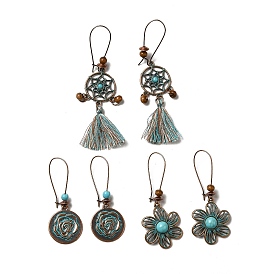3 Pairs 3 Style Woven Net & Flower Alloy Dangle Earrings Set, Wood & Resin Beaded Long Drop Earrings for Women
