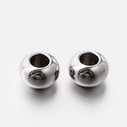 201 acier inoxydable perles européennes, perles de rondelle avec grand trou , 10x6.5mm, Trou: 5mm