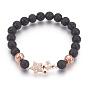 Stretch Bracelets, with Long-Lasting Plated Electroplated Natural Lava Rock, Natural Lava Rock and Brass Cubic Zirconia Beads, Star