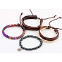 Multi-strand Bracelets, Stackable Bracelets, with Imitation Leather, Waxed Cotton Cord, Wooden Bead and Hemp Rope, Antique Silver