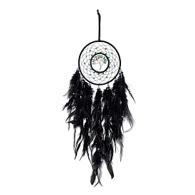 Iron & Brass Wire Woven Web/Net with Feather Pendant Decorations, with Plastic Beads, Covered with Leather and Velvet Cord, Flat Round with Tree of Life