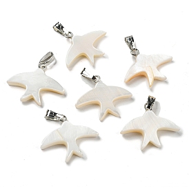 Natural Freshwater Shell Pendants, Swallow Charms with Platinum Plated Alloy Snap on Bails