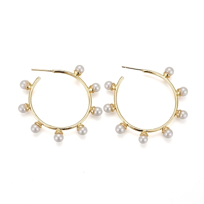 Brass Stud Earrings, Half Hoop Earrings, with Shell Pearl, Long-Lasting Plated, Ring
