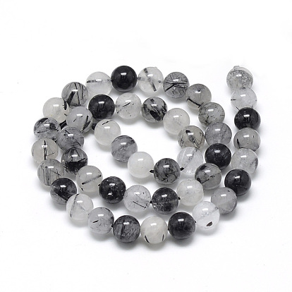 Naturel noir quartz rutile brins de perles, ronde