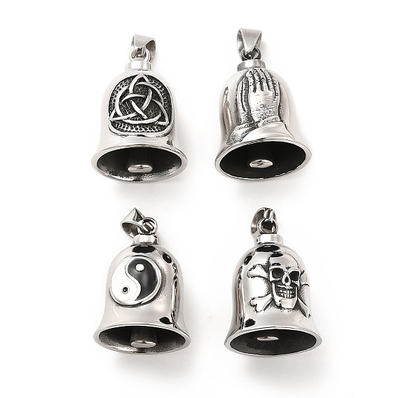 Tibetan Style 304 Stainless Steel Pendants, Guardian Bell Charm, Antique Silver, Praying Hands/Trinity Knot/Yin Yang Pattern