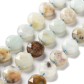 Natural Flower Amazonite Beads Strands, with Seed Beads, Faceted Hexagonal Cut, Flat Round