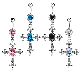 Cross Alloy Body Jewelry, Religion Theme Dangle Belly Rings, with Rhinestone and 316L Stainless Steel Pins