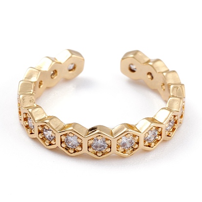 Brass Clear Cubic Zirconia Cuff Rings, Open Rings, Long-Lasting Plated, Polygon