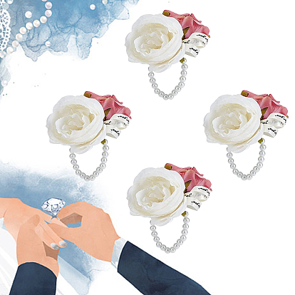 Craspire 4pcs corsage de poignet en soie, avec des bracelets extensibles en plastique imitation fleur et imitation perle, pour le mariage, décorations de fête