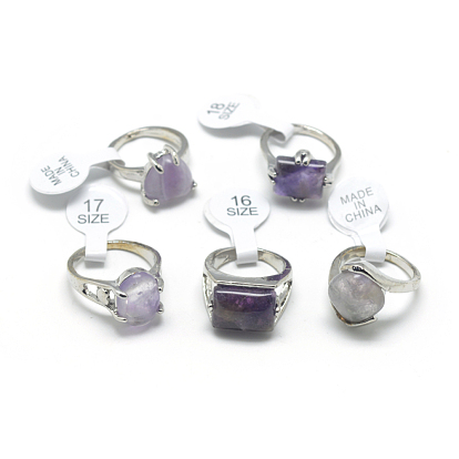 Natural Amethyst Rings, with Alloy Findings, Mixed Size