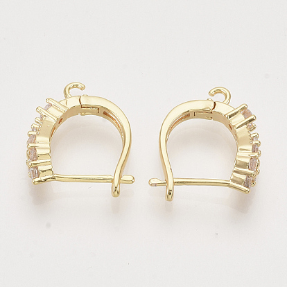 Brass Cubic Zirconia Hoop Earring Findings with Latch Back Closure, Nickel Free, with Horizontal Loop