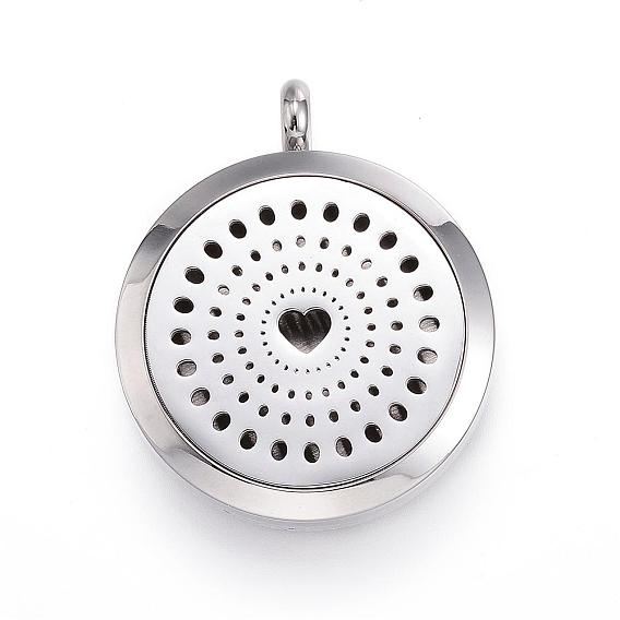 304 Stainless Steel Diffuser Locket Pendants, with Perfume Pad and Magnetic Clasps, Flat Round with Heart