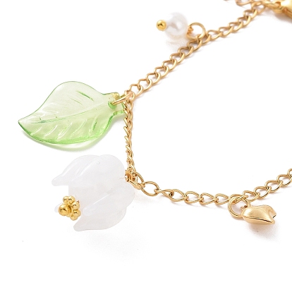 Bracelet à breloques feuille et fleur en acrylique et perle en plastique, doré 304 bijoux en acier inoxydable pour femme