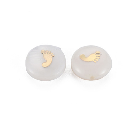 Natural Freshwater Shell Beads, with Golden Plated Brass Metal Embellishments, Flat Round with Foot
