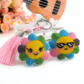 Sunflower with Sunglasses/Smiling Face Pattern DIY Bead Embroidery Kits, including Embroidery Fabric, Bead, Keychain and Threads