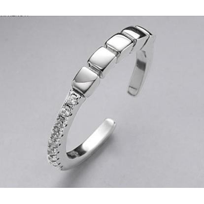 Rhodium Plated 925 Sterling Silver Rectangle Open Cuff Ring with Crystal Rhinestone