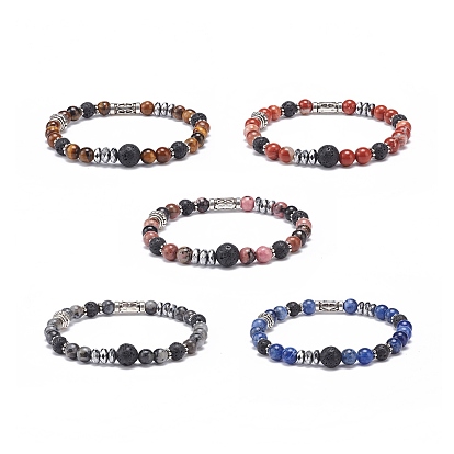 Natural Lava Rock & Mixed Gemstone Stretch Bracelet with Alloy Column Beaded, Essential Oil Gemstone Jewelry for Women