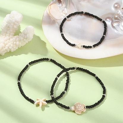 3 pcs 3 ensemble de bracelets extensibles en perles de verre et turquoise synthétique de style, ronde, étoile de mer et tortue