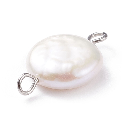 Encantos del conector de la perla keshi de la perla barroca natural, perla cultivada de agua dulce, con 304 bucles dobles de acero inoxidable, plano y redondo, blanco floral