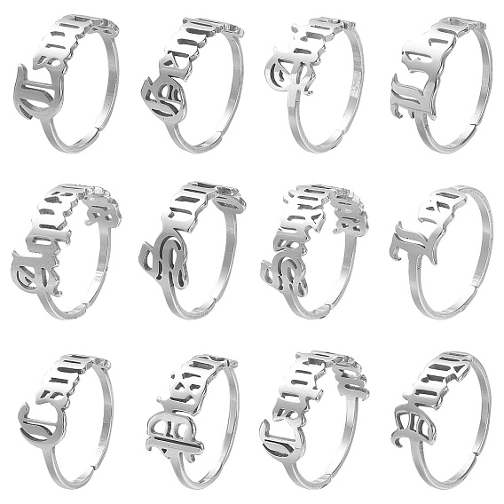 12Pcs 12 Constellation 304 Stainless Steel Open Cuff Rings Set for Women