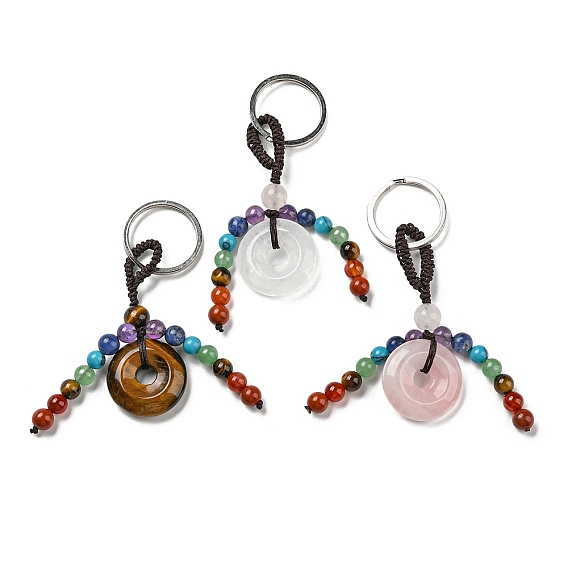 7 porte-clés à pampilles en pierres précieuses naturelles chakra, porte-clés de guérison reiki beignet, avec anneau en fer platine