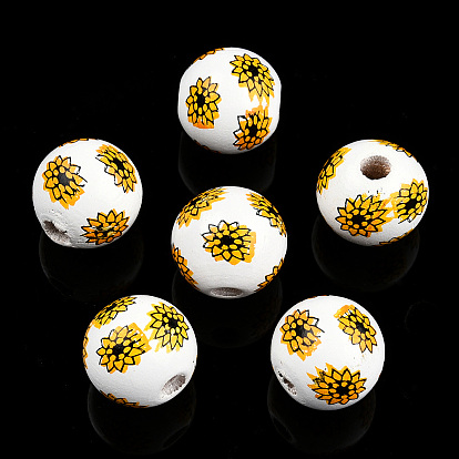 Perles de bois peintes par pulvérisation, perles imprimées, ronde avec des fleurs