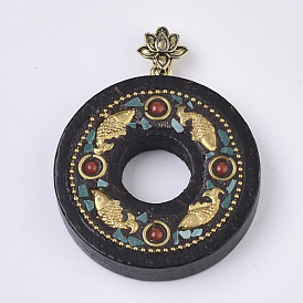 Handmade Indonesia Pendants, with Alloy Findings, Sandalwood and Resin, Donut  with Fish, Lotus