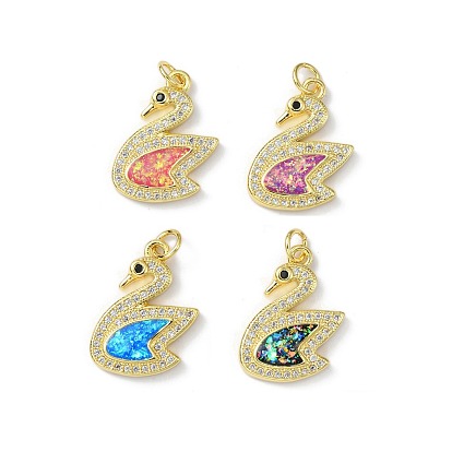Brass Micro Pave Cubic Zirconia Pendants, with Synthetic Opal and Jump Ring, Long-Lasting Plated, Real 18K Gold Plated, Swan