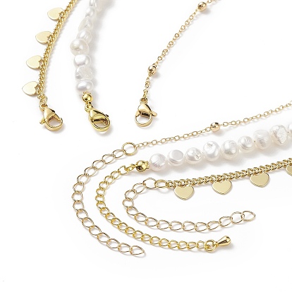 3 piezas 3 conjunto de collares de cadena satélite de latón estilo, Collares apilables con cuentas de perlas naturales y colgantes de corazón para mujer.