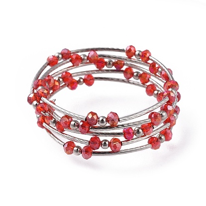 Cinq boucles de bracelets de mode, avec des perles de verre rondelles, fer perles d'entretoise, laiton perles de tubes et de fils d'acier de la mémoire