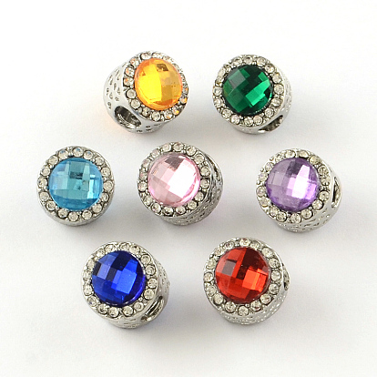 Flat Round Alloy Rhinestone European Beads, Large Hole Beads, with Acrylic Rhinestone