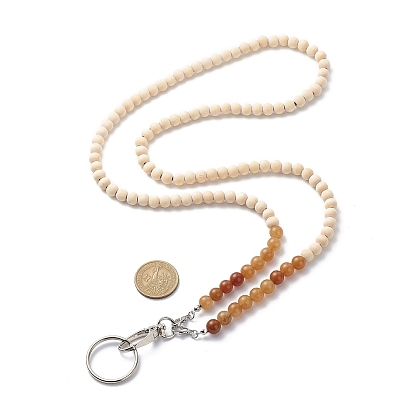 Natural Wood Beaded ID Card Neck Strap Card Holder, Badge Holder Lanyard, with Natural Red Aventurine Beads and Iron Swivel Clasps