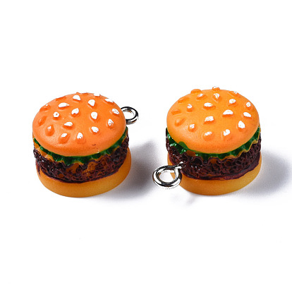 Opaque Resin Pendants, with Platinum Tone Iron Loop, Imitation Food, Hamburger
