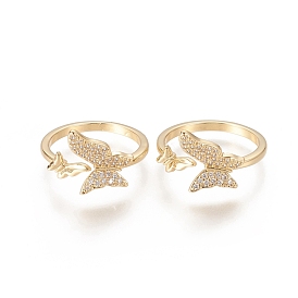 Brass Micro Pave Clear Cubic Zirconia Cuff Rings, Open Rings, Long-Lasting Plated, Butterfly