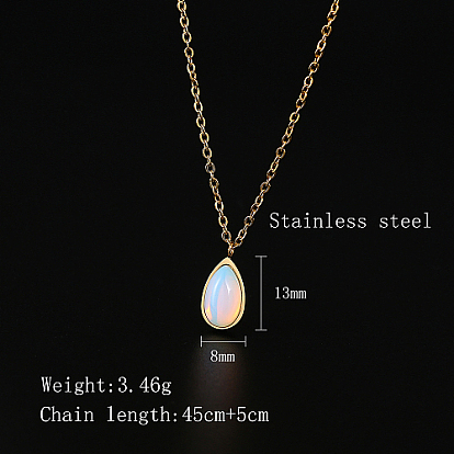 Opalite Teardrop Pendant Necklace with Stainless Steel Chains