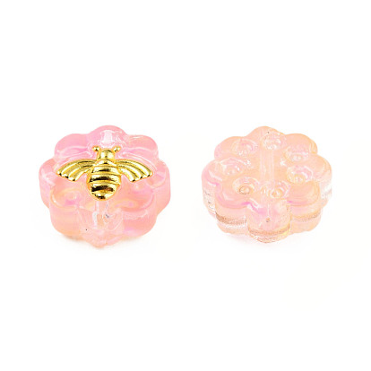 Perles de verre peintes par pulvérisation transparent, avec les accessoires en laiton plaqués or, fleur avec abeilles