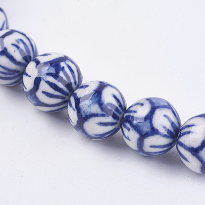 Handmade Blue and White Porcelain Beads, Round with Flower