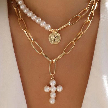 Vintage Cross Pearl Necklace with Seal Inlay for Sweater Chain, Retro Style