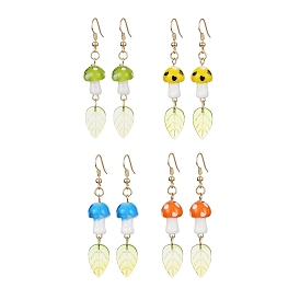 4 paires 4 couleurs lampes à champignons et boucles d'oreilles pendantes en feuilles de verre, boucles d'oreilles longues pendantes en laiton doré