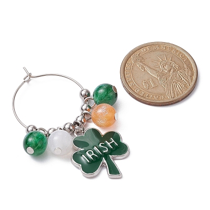 Saint Patrick's Day Alloy Enamel Wine Glass Charms, with Round Resin Beads and Brass Hoop Earrings Findings, Clover & Hat