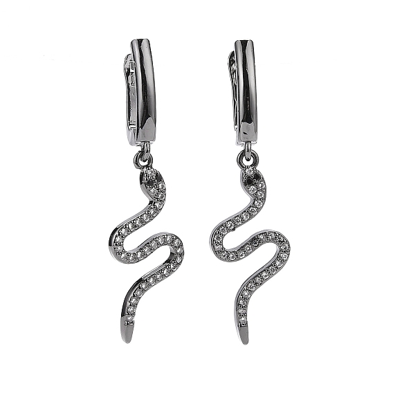 Clear Cubic Zirconia Snake Dangle Hoop Earrings, Brass Jewelry Earrings for Women