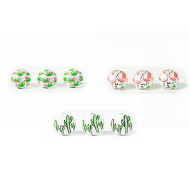 Printed Wood Beads, Round with Plants/Flamingo/Cactus Pattern