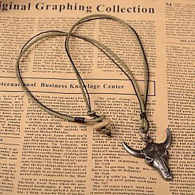 Vintage Leather Cord Pendant Necklaces, with Waxed Cord and Alloy Cow Head Pendants, 20 inch, 3mm