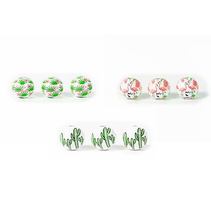 Printed Wood Beads, Round with Plants/Flamingo/Cactus Pattern