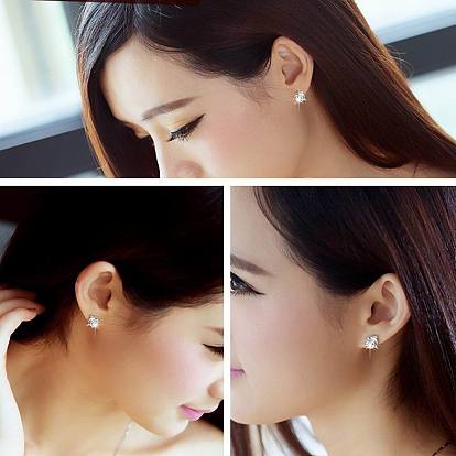 Real Platinum Plated Dolphin Brass Stud Earrings, with Rhinestone, 10x10mm
