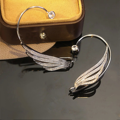Clear Cubic Zirconia Wing Wrap Cuff Earrings, Brass Crawler Hook Earrings for Women