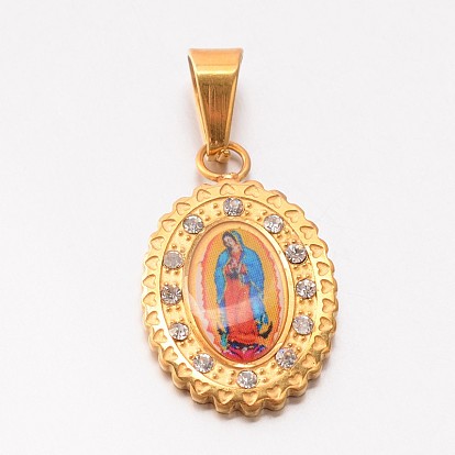 Holy Jewelry 304 Stainless Steel Flat Oval with Virgin Mary Pendants, with Crystal Rhinestones, Paper and Epoxy, 21x13x2mm, Hole: 4x6mm