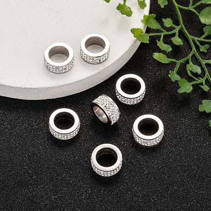 304 perles de colonne en acier inoxydable, avec argile polymère strass, couleur métallique en acier inoxydable, 13x6mm, Trou: 8mm