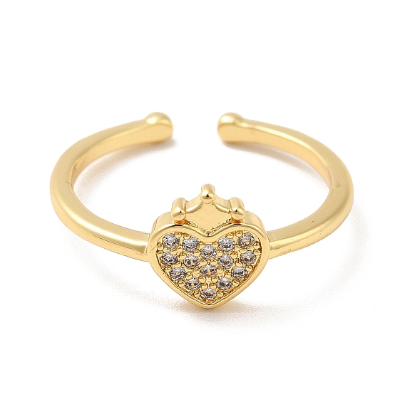 Corazón de circonita cúbica transparente con anillo de puño abierto de corona, joyas de latón para mujer, sin cadmio y níque y plomo